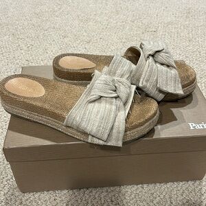 altar'd state • neutral cream linen knit bow espadrille platform slides sandals